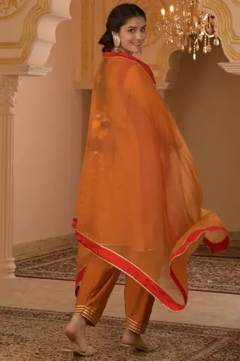 Burnt orange & red gota patti a-shape mul chanderi silk 3 piece suit set