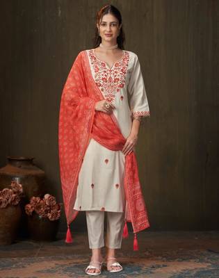 White cotton poly embroidered kurta set 1