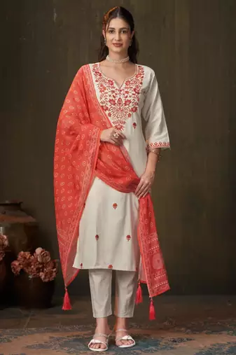 White cotton poly embroidered kurta set