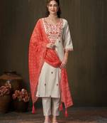 White cotton poly embroidered kurta set