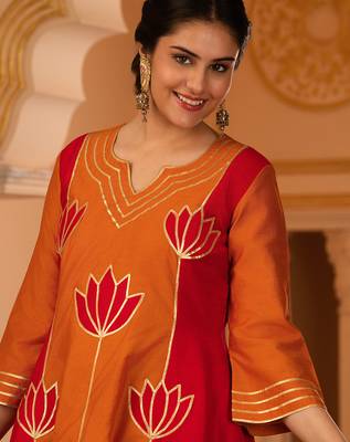 Burnt orange & red gota patti a-shape mul chanderi silk 3 piece suit set 4