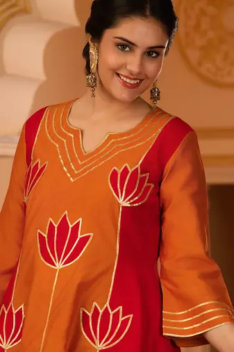 Burnt orange & red gota patti a-shape mul chanderi silk 3 piece suit set