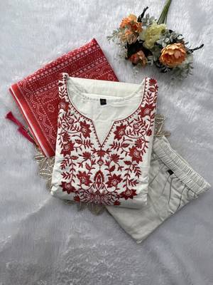 White cotton poly embroidered kurta set 2