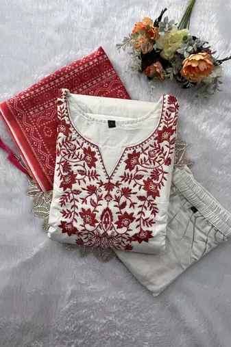 White cotton poly embroidered kurta set