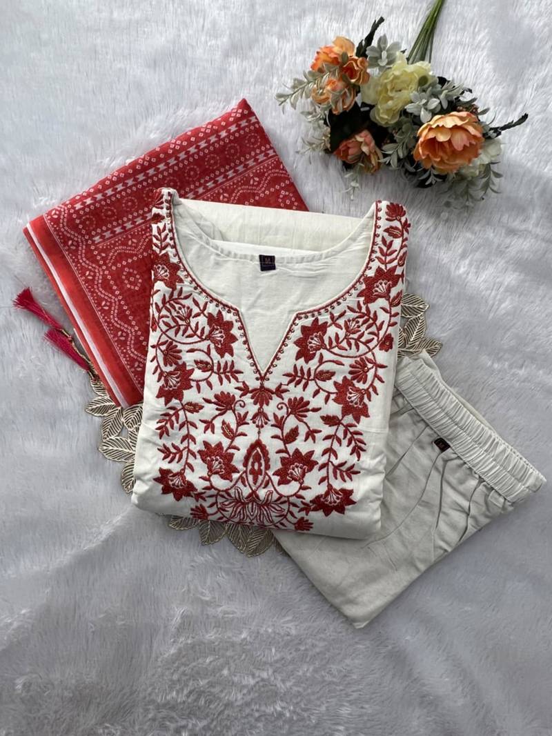 White cotton poly embroidered kurta set