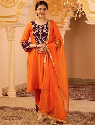 Orange hand embroidered gota patti mul chanderi silk suit 1