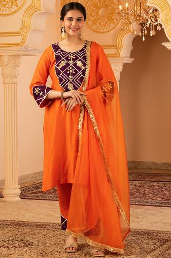 Orange hand embroidered gota patti mul chanderi silk suit