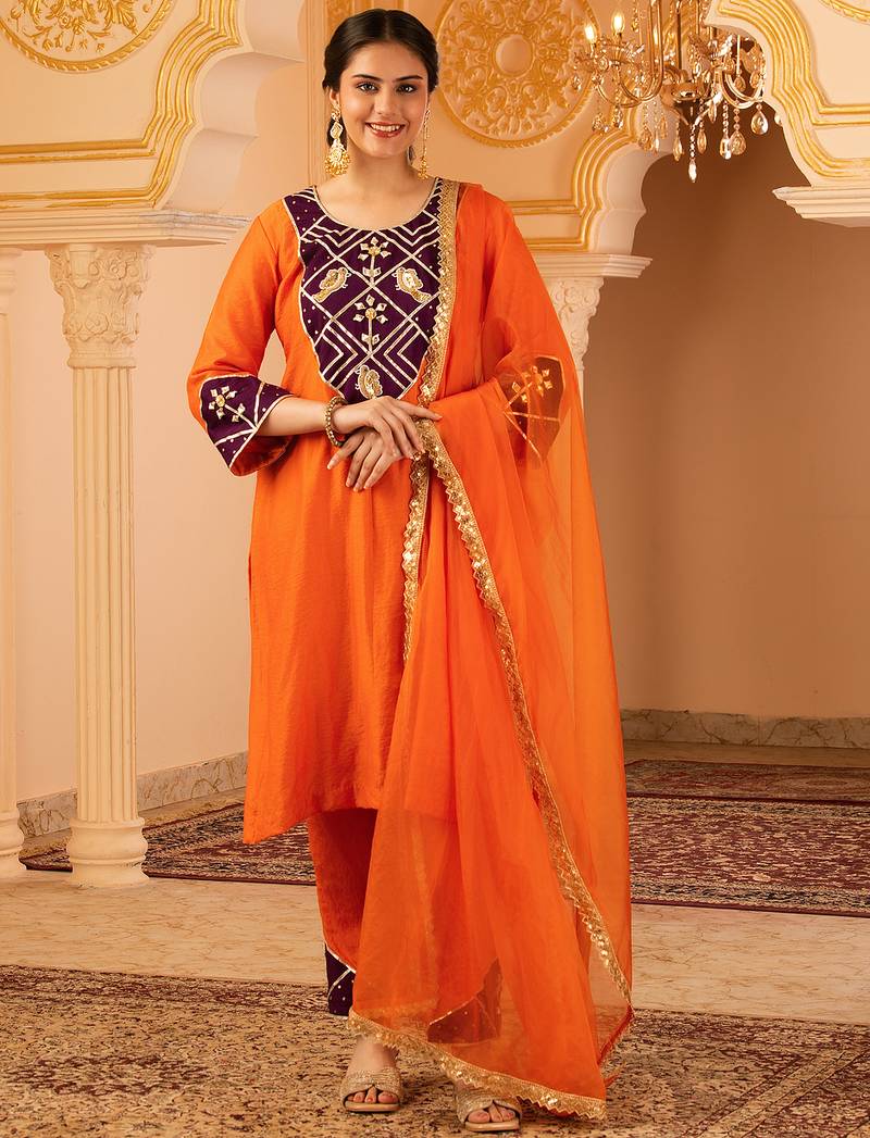 Orange hand embroidered gota patti mul chanderi silk suit
