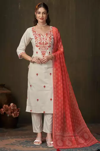 White cotton poly embroidered kurta set
