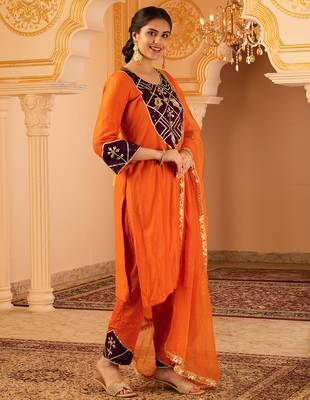 Orange hand embroidered gota patti mul chanderi silk suit 2