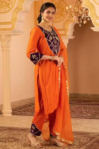 Orange hand embroidered gota patti mul chanderi silk suit
