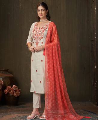 White cotton poly embroidered kurta set 4