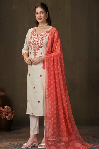 White cotton poly embroidered kurta set