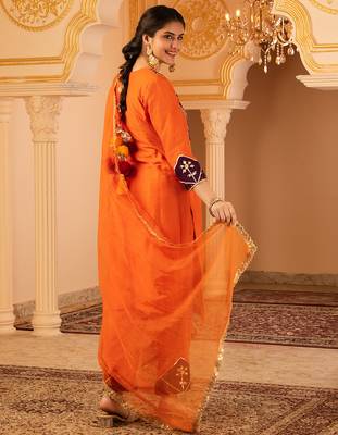 Orange hand embroidered gota patti mul chanderi silk suit 3