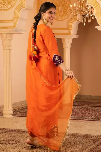 Orange hand embroidered gota patti mul chanderi silk suit