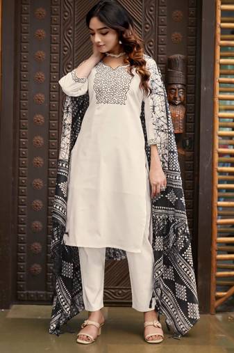 Off-white cotton poly embroidered kurta set