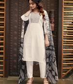 Off-white cotton poly embroidered kurta set