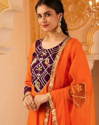 Orange hand embroidered gota patti mul chanderi silk suit 4