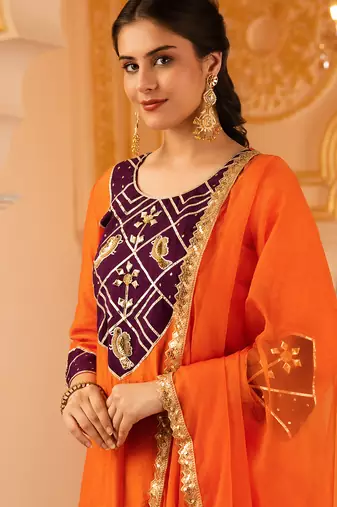 Orange hand embroidered gota patti mul chanderi silk suit