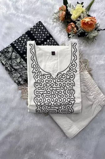 Off-white cotton poly embroidered kurta set