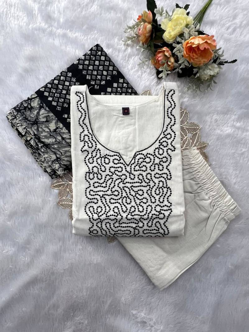 Off-white cotton poly embroidered kurta set