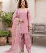 Pink hand embroidered silk blend kurta set