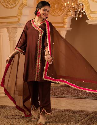 Love over coffee brown silk 3 piece suit set 1