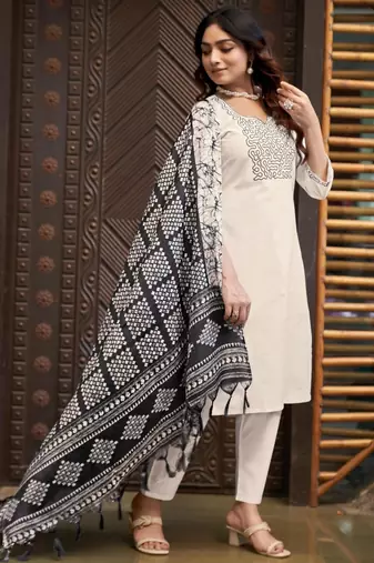Off-white cotton poly embroidered kurta set