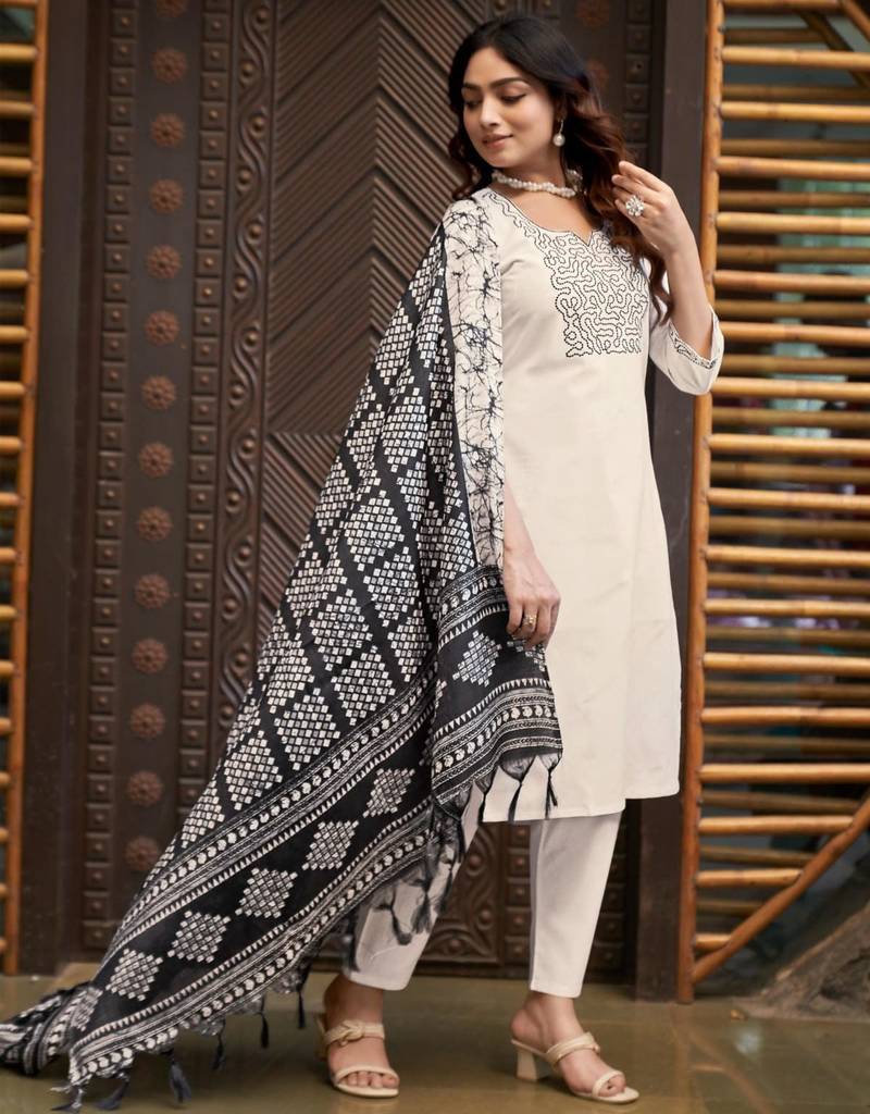 Off-white cotton poly embroidered kurta set