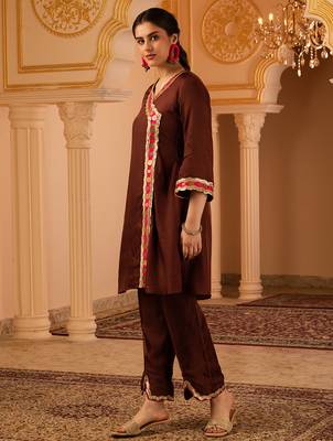Love over coffee brown silk 3 piece suit set 2