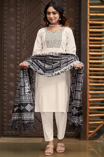 Off-white cotton poly embroidered kurta set