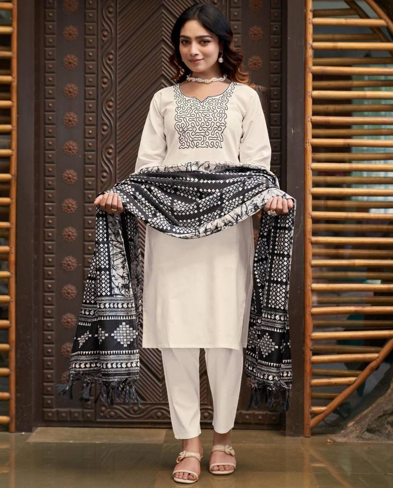 Off-white cotton poly embroidered kurta set