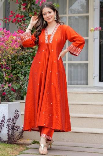 Orange chanderi embroidery kurta set