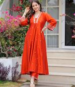Orange chanderi embroidery kurta set