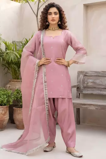 Pink hand embroidered silk blend kurta set