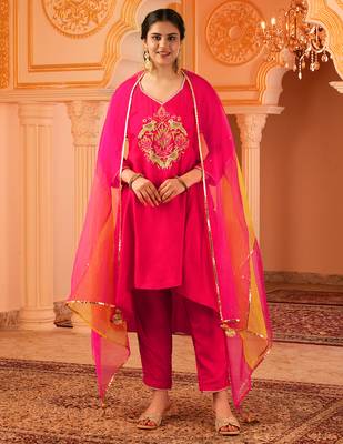 Fuschia pink silk a-shape 3 piece suit set 1