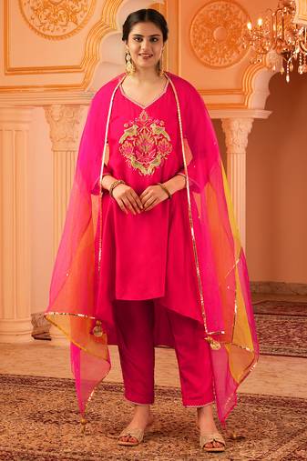 Fuschia pink silk a-shape 3 piece suit set