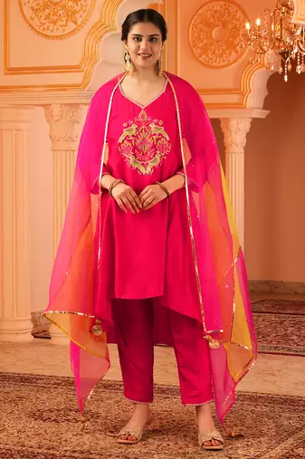 Fuschia pink silk a-shape 3 piece suit set