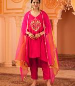 Fuschia pink silk a-shape 3 piece suit set