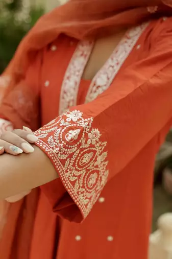 Orange chanderi embroidery kurta set
