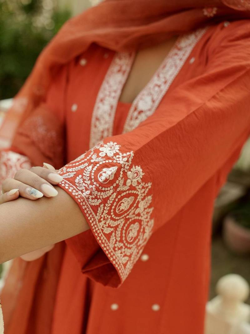 Orange chanderi embroidery kurta set