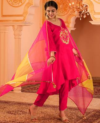 Fuschia pink silk a-shape 3 piece suit set 2