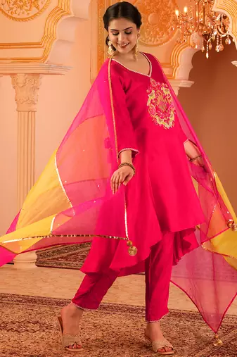 Fuschia pink silk a-shape 3 piece suit set