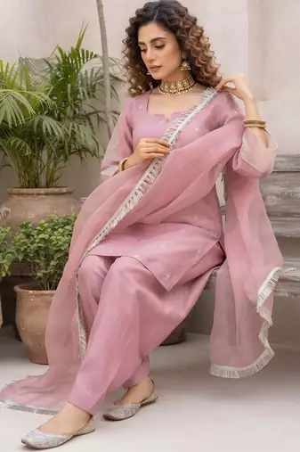 Pink hand embroidered silk blend kurta set