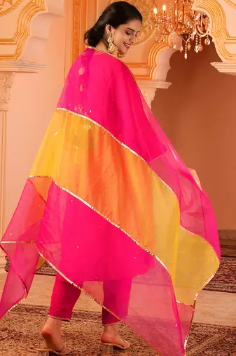 Fuschia pink silk a-shape 3 piece suit set