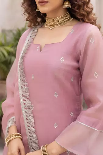 Pink hand embroidered silk blend kurta set