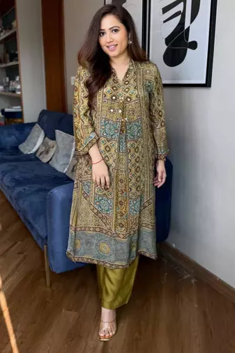 Olive crepe printed palazzo set