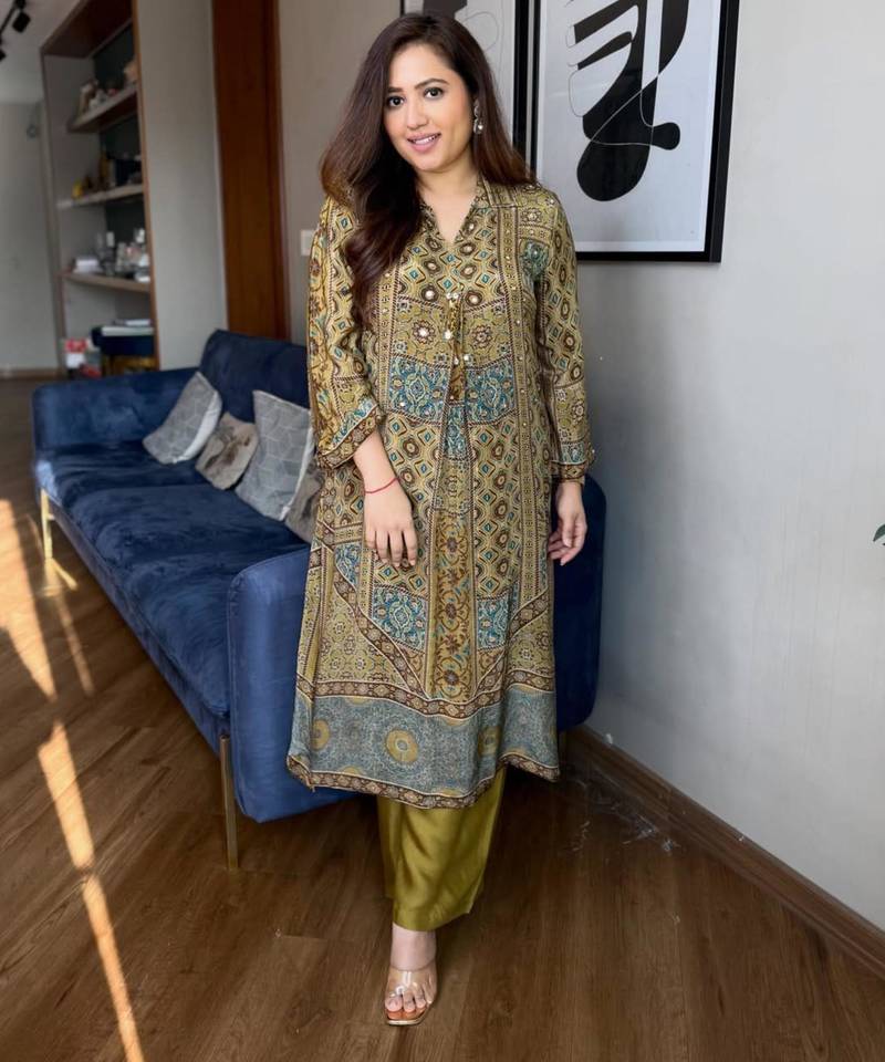 Olive crepe printed palazzo set