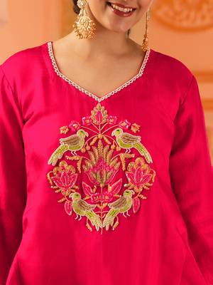 Fuschia pink silk a-shape 3 piece suit set 4