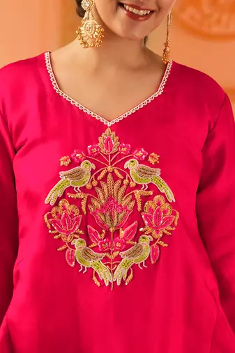 Fuschia pink silk a-shape 3 piece suit set